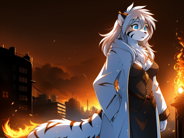 tiger, anthro, female, fur coat, (best quality), (detailed fire urban background:1.2), dramatic lighting, (detailed fluffy fur:1.1), (fantasy:1.2)