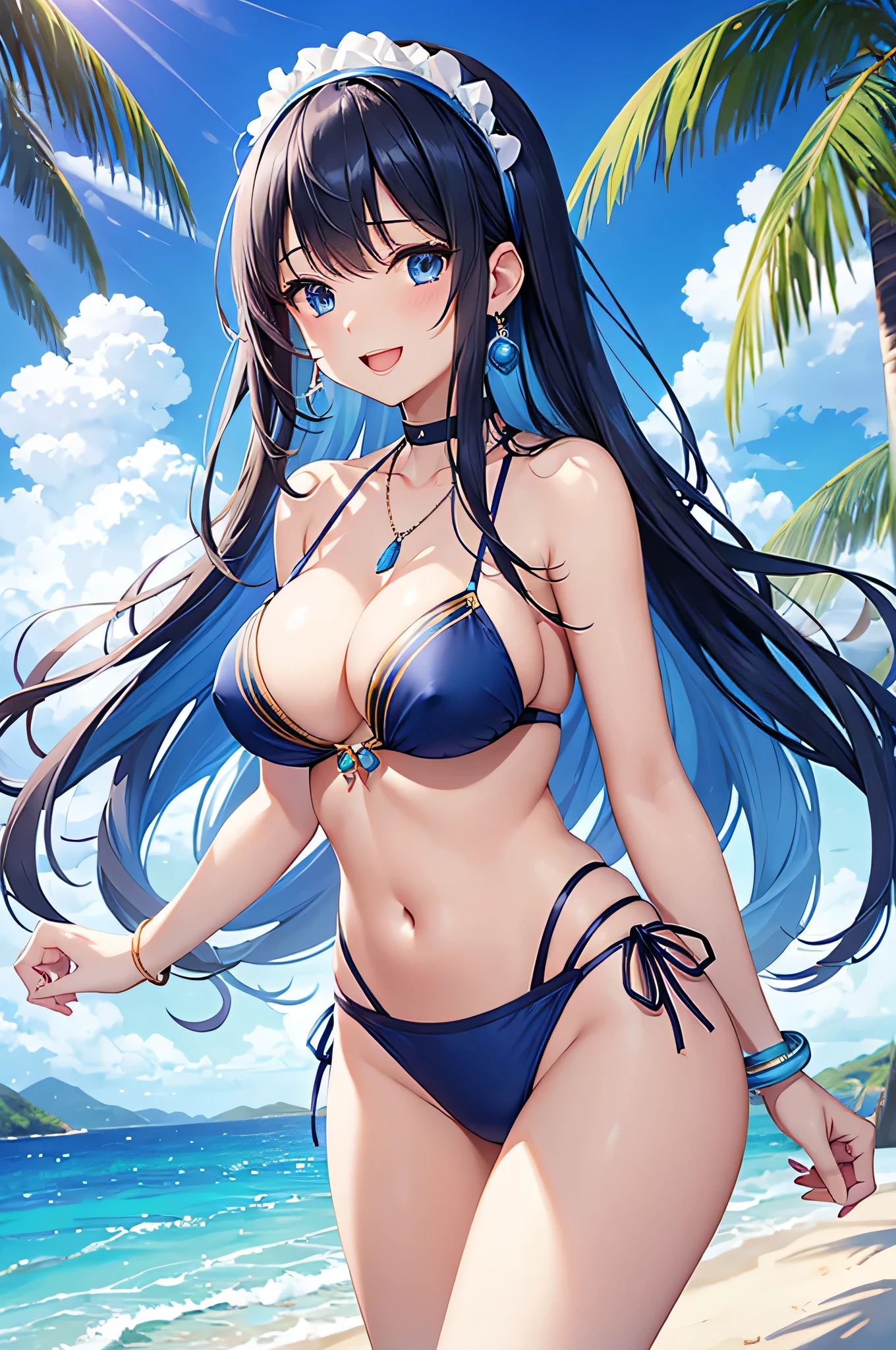 highest quality、Best image quality、masterpiece、beautiful girl、Navy blue long hair、blue eyes、Navy Blue Bikini、Big cleavage、(Big Breasts)、smile、blue necklace、Blue Earrings、background(Beach)、Sexy pose、Please open your mouth wide、White headband、Dynamic Angle、bracelet