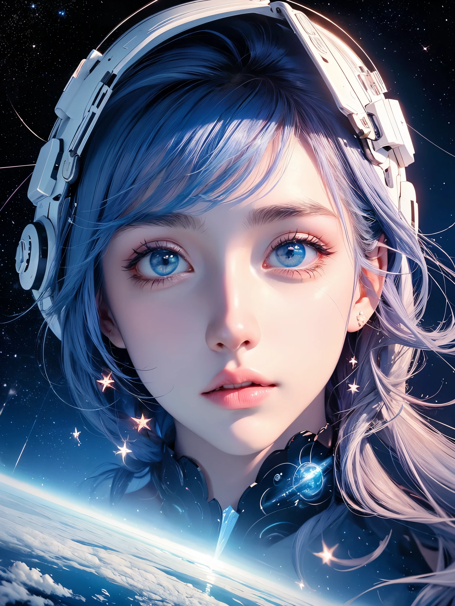 An Astronaut Girl Among the Stars**,**Explorando o Vasto Vazio do Universo, *Long time, In a distant galaxy, a girl with baby blue eyes embarked on a unique journey through space. Vestida em seu traje espacial, she floated amidst the vastness of the universe, cercada por nebulas e estrelas brilhantes. His eyes glowed with the vibrant colors of cosmic neon., contrasting with the seriousness of his mission and the loneliness that accompanied it.* **The Solitude of Space** *As I sailed through the darkness of space, the astronaut girl felt the immensity of the universe around her. Loneliness was his constant companion, but she knew that her mission was greater than any personal feelings. Ela estava ali para explorar, descobrir e desbravar o desconhecido.* **A Beleza das Nebulas** *As we approached a bright nebula, the girl found herself involved in a dance of colors and shapes. The clouds of cosmic gas and dust created a stunning visual spectacle, como uma pintura em movimento. She felt small compared to the immensity and beauty of the universe..* **O Chamado das Estrelas** *As estrelas pareciam sussurrar segredos antigos para a garota astronauta, as if each one held a unique and mysterious story. Ela se perguntava sobre os mundos distantes que orbitavam ao redor delas, about the unknown civilizations that could exist somewhere beyond your vision.*