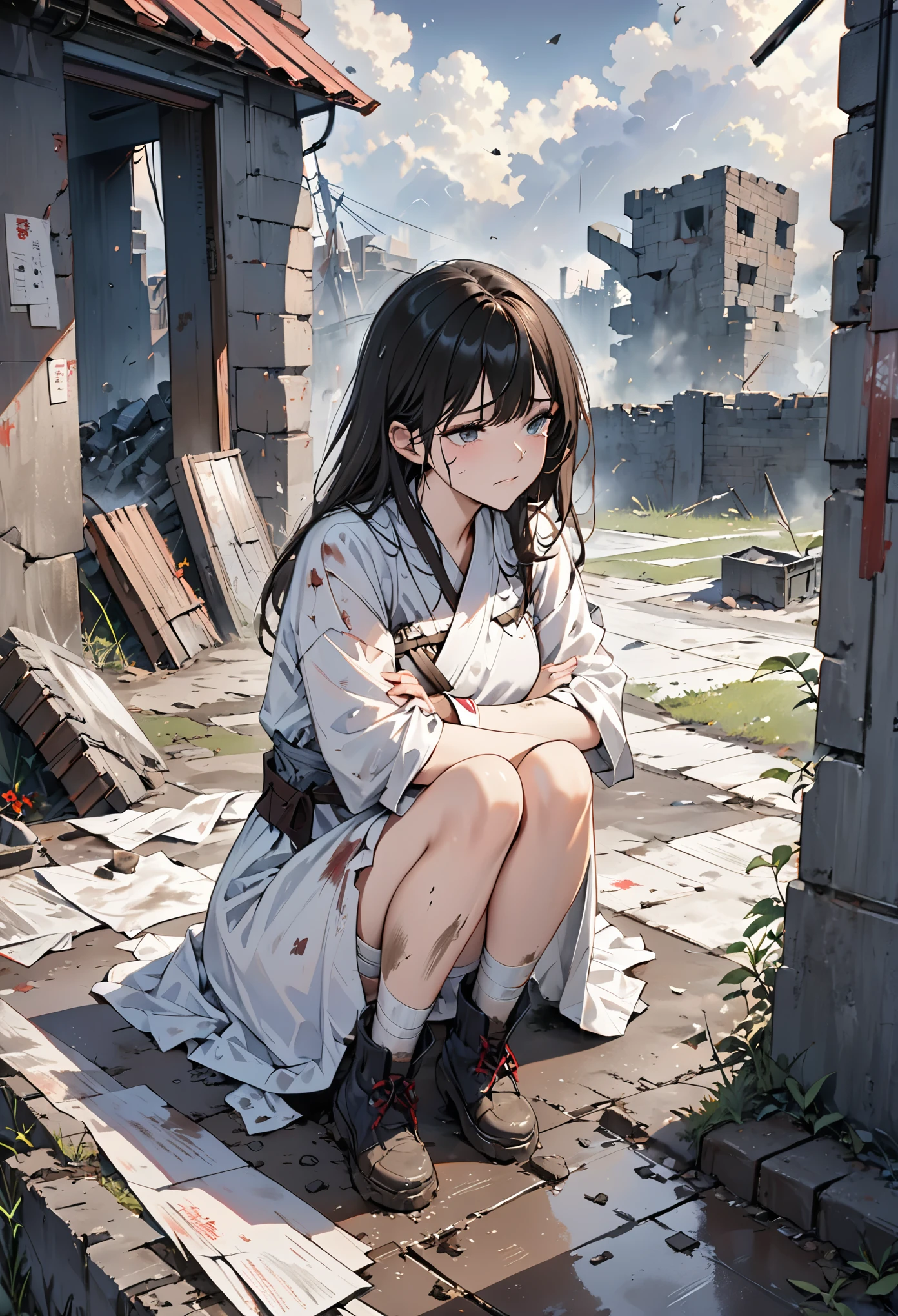 1girl,solo,(((masterpiece))),(((best quality))),((ultra-detailed)),
Battlefield,sitting under a broken wall,artillery fire,gloomy day,
tattered clothes,bandages,hands over arms,dirty hands,dirty faces,pained expressions,
Muddy ground,dark clouds,light rain,
Painful expression,sad expression,
Rely on the dirty brick wall,