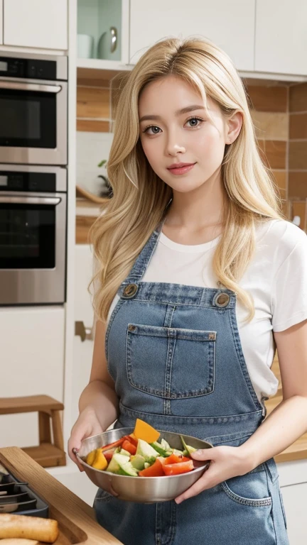 Highest quality,26 years old,woman,Long Hair,Light blonde hair color,Soft wavy hairstyle,(volumie hair),with big eyes、Deep blue,Bright、Has a lively expression,Healthy and bright skin tone,Thick lips,flom below,whole body,The thighs are a little thicker,Looking at the camera,
In a modern, open-plan kitchen with sleek countertops and state-of-the-art appliances, Elena is busy preparing a meal. Her long, flowing blonde hair is tied up in a practical ponytail, and she wears a cheerful, floral apron over her casual outfit of a t-shirt and jeans. She stands at the counter, chopping fresh vegetables with practiced ease. The kitchen is filled with the inviting aromas of herbs and spices. A recipe book lies open on the counter, and various ingredients are neatly arranged around her. Elena's expression is one of contentment and focus as she hums softly to herself. This warm, homely scene showcases her love for cooking and the joy she finds in creating delicious meals.
