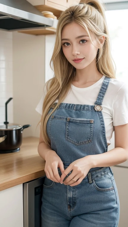 Highest quality，26 years old，woman，Long Hair，Light blonde hair color，Soft wavy hairstyle，(volumie hair)，with big eyes、Deep blue，Bright、Has a lively expression，Healthy and bright skin tone，Thick lips，flom below，whole body，The thighs are a little thicker，Looking at the camera，
In a modern, open-plan kitchen with sleek countertops and state-of-the-art appliances, Elena is busy preparing a meal. Her long, flowing blonde hair is tied up in a practical ponytail, and she wears a cheerful, floral apron over her casual outfit of a t-shirt and jeans. She stands at the counter, chopping fresh vegetables with practiced ease. The kitchen is filled with the inviting aromas of herbs and spices. A recipe book lies open on the counter, and various ingredients are neatly arranged around her. Elena's expression is one of contentment and focus as she hums softly to herself. This warm, homely scene showcases her love for cooking and the joy she finds in creating delicious meals.