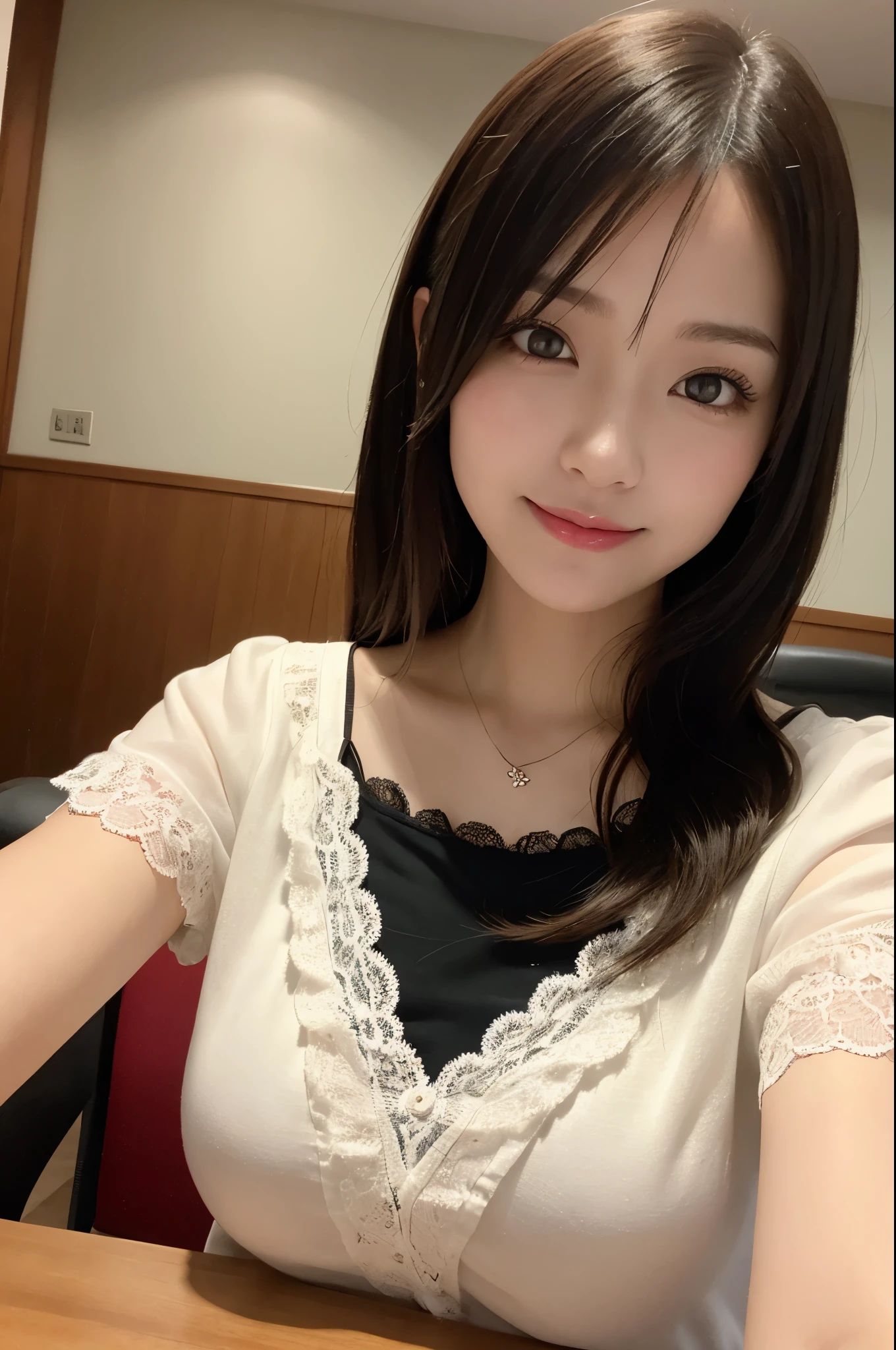 On the table、best quality、Photorealism、Finely、high resolution、８wallpaper、Perfect dynamic posture、Beautiful slender eyes and long hair、（Big plump breasts 1.3）、casual sexy pose、Random situations、Selfie Angle，Looking at the camera，（Tight round neck black mesh lace shirt）、、Gentle smile、50 years old、（Perfect Eyes 1.3）、Mature adult beauties、Japanese、