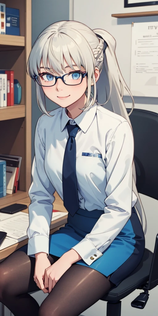 (masterpiece, best quality:1.2), Solitary, 1 Girl, Morgan Le Fay, Smile, looking at the audience, Sitting in an office chair, Long gray hair, Weaving, Ponytail, Hairpin, Glasses, Collared shirt, Blue tie, Long sleeve, Pencil Skirt, Pantyhose