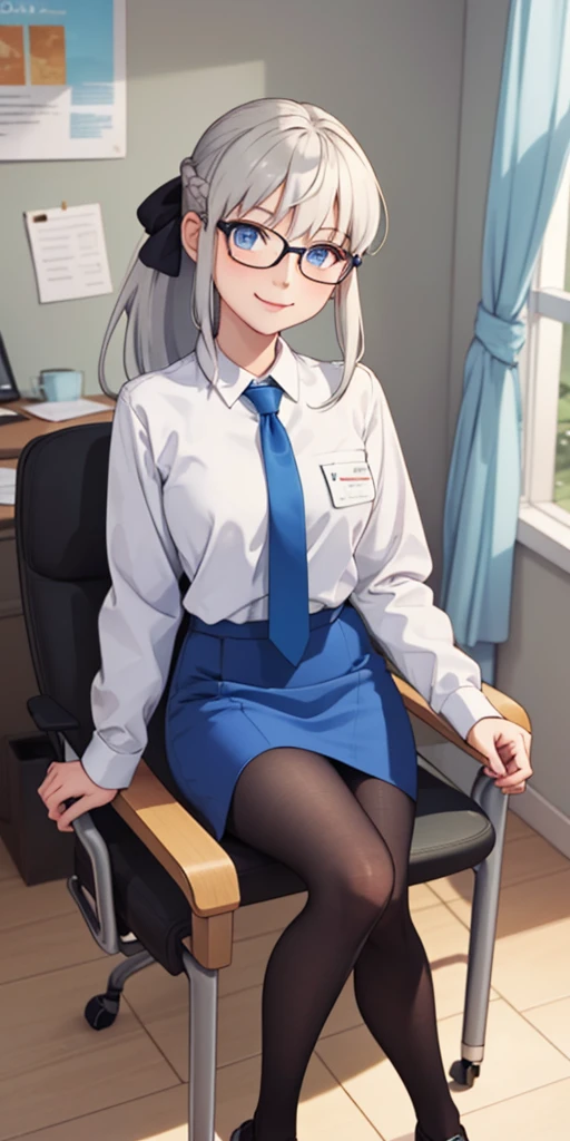 (masterpiece, best quality:1.2), Solitary, 1 Girl, Morgan Le Fay, Smile, looking at the audience, Sitting in an office chair, Long gray hair, Weaving, Ponytail, Hairpin, Glasses, Collared shirt, Blue tie, Long sleeve, Pencil Skirt, Pantyhose