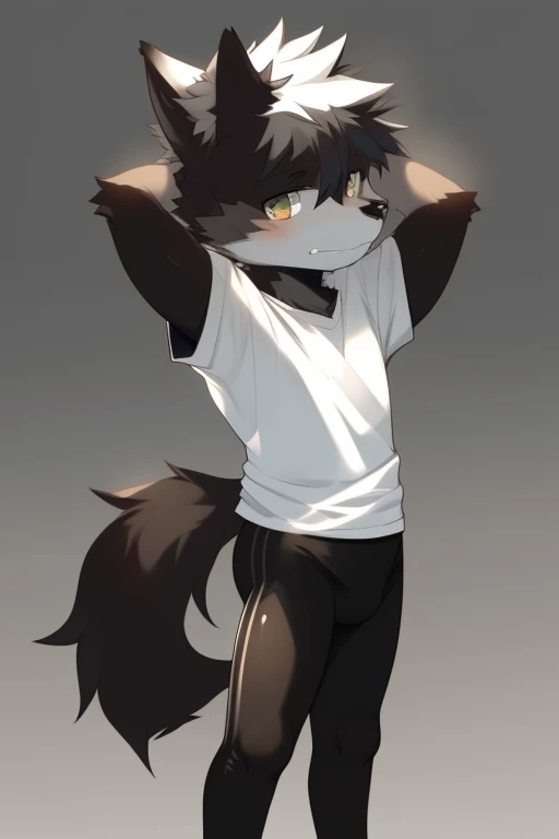 Furry wolf,((Shota)), black spandex tights, white shirt, solo, standing