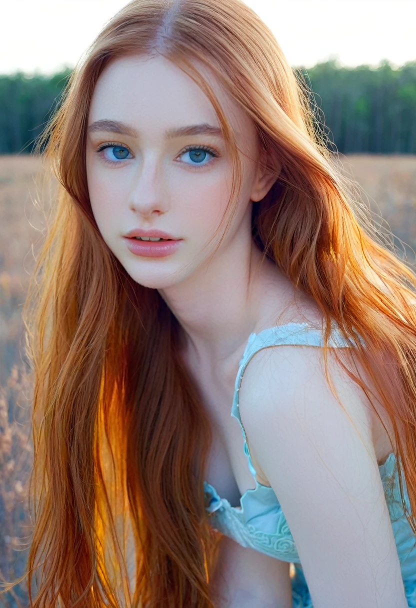((intricate details, pale skin)), solo, very detailed, detailed face, very long hair, picture of a beautiful young woman, dasha_taran, sfw, ((natural orange hair)), High Definition RAW Photography, 16k photography, (full body), standing, delicate facial features, pretty face, detailed full body, visible from head to knees, (bright sky-blue eyes:1.2), mesmerizing eyes, emotive longing expression, (cinematic, film grain:1.1), ((upper body, visible upper body))