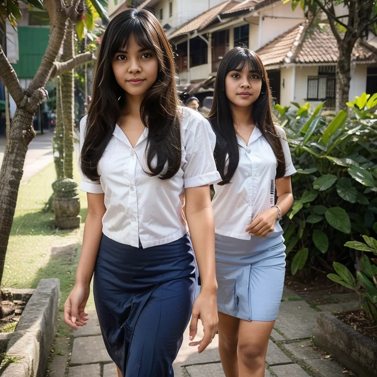 A Young sweet beautiful Bogor high school girl, 17 years old, georgeus sweet face, slim body, shoulder long hair with a bangs, wearing Indonesian high , walking on Bogor city street, realistic, masterpiece, perfect fingers shape, no cartoon,