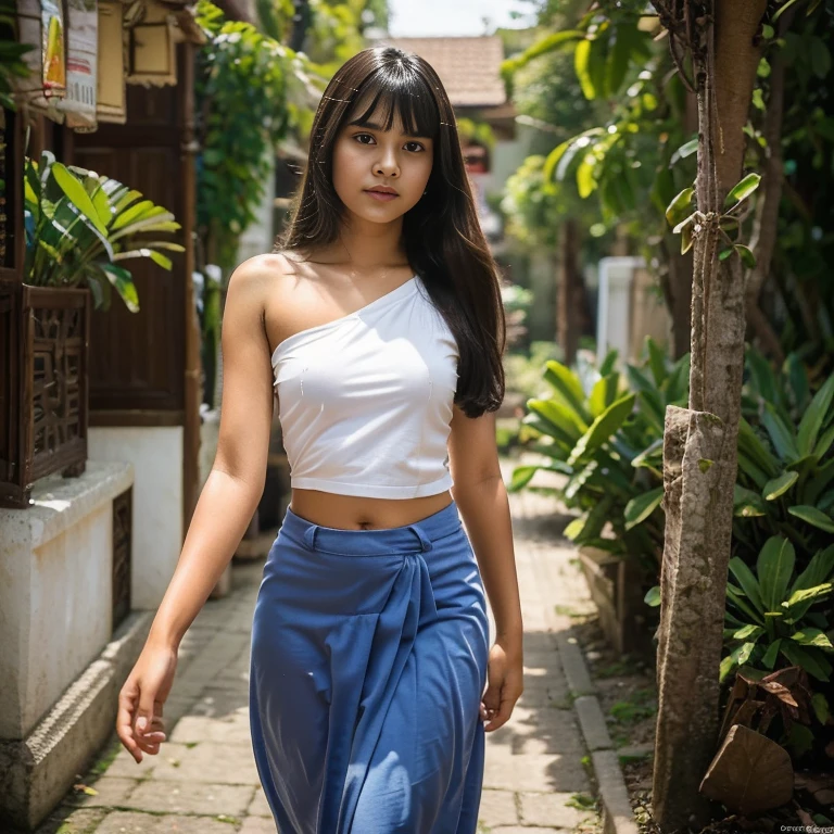 A Young sweet beautiful Bogor high school girl, , georgeus sweet face, slim body, shoulder long hair with a bangs, wearing Indonesian high , walking on Bogor city street, realistic, masterpiece, perfect fingers shape, no cartoon,