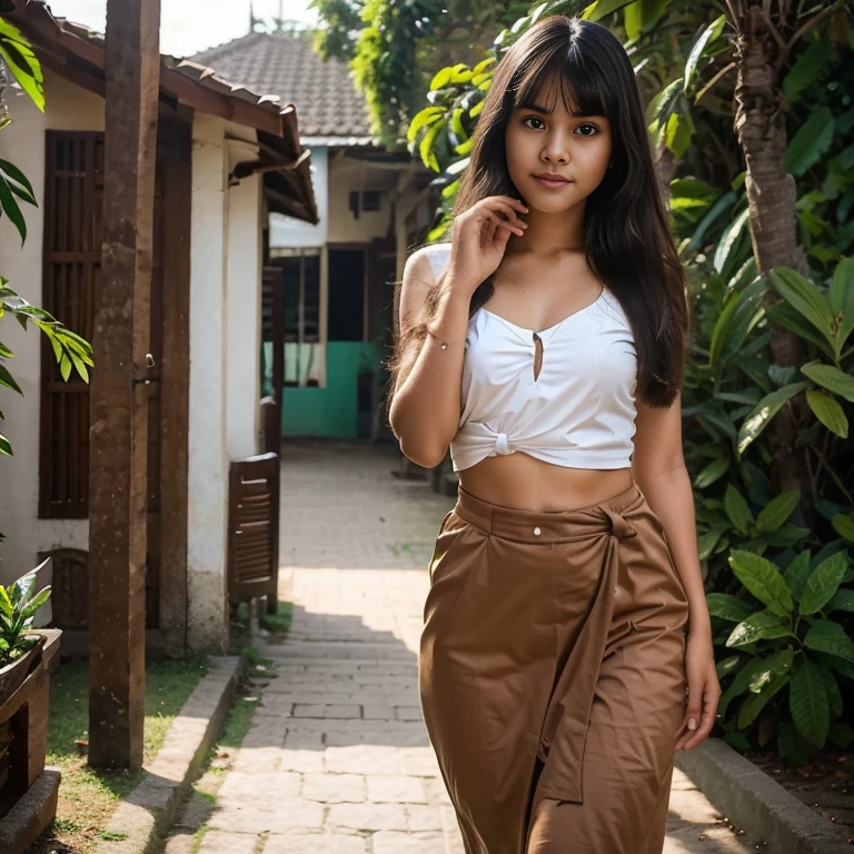 A Young sweet beautiful Bogor high school girl, 17 years old, georgeus sweet face, slim body, shoulder long hair with a bangs, wearing Indonesian high , walking on Bogor city street, realistic, masterpiece, perfect fingers shape, no cartoon,