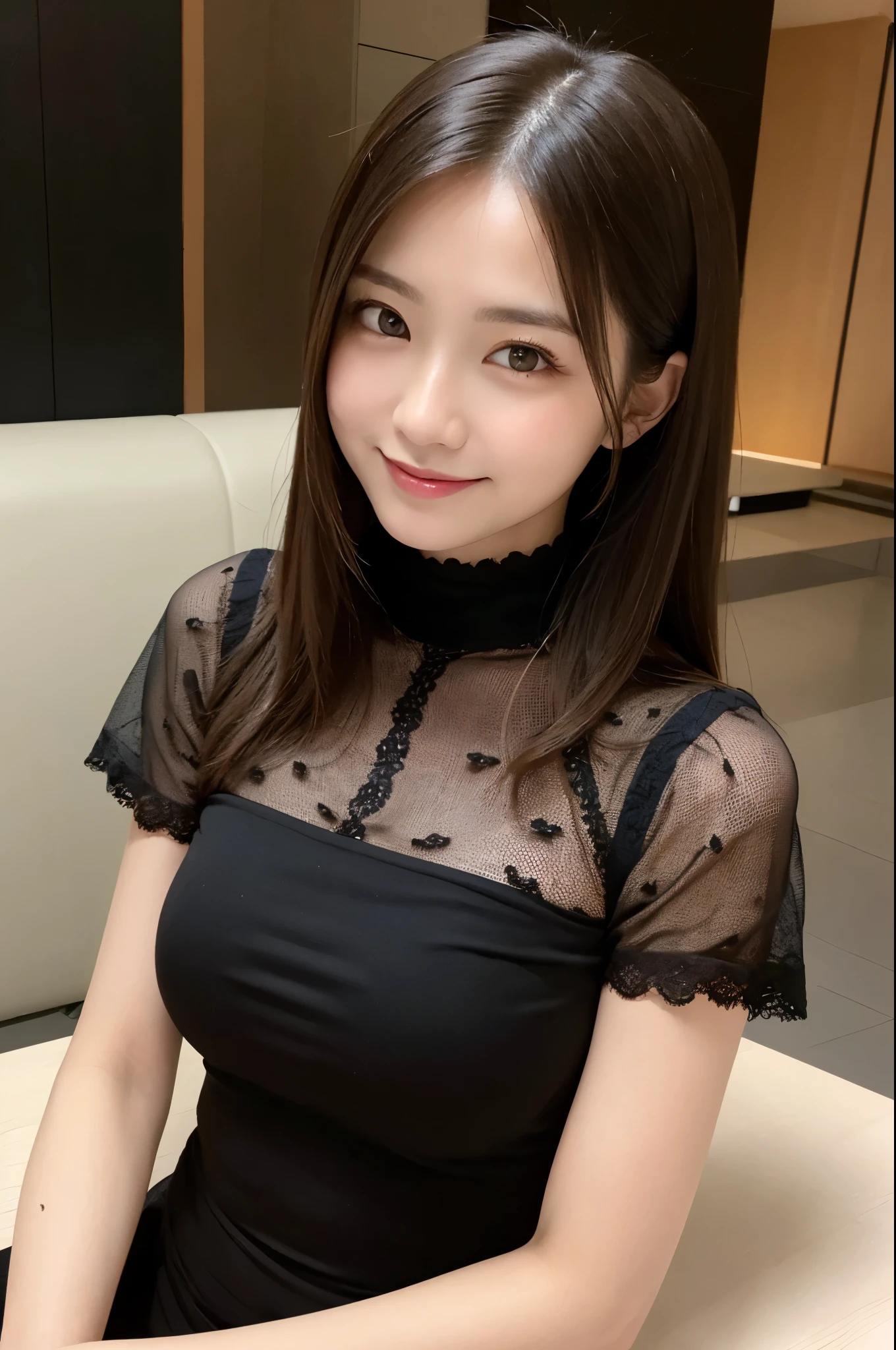 On the table、best quality、Photorealism、Finely、high resolution、８wallpaper、Perfect dynamic posture、Beautiful slender eyes and long hair、（Big plump breasts 1.3）、casual sexy pose、Random situations、Low angle selfie，Looking at the camera，（Tight round neck black mesh lace shirt）、、Gentle smile、50 years old、（Perfect Eyes 1.3）、Mature adult beauties、Japanese、