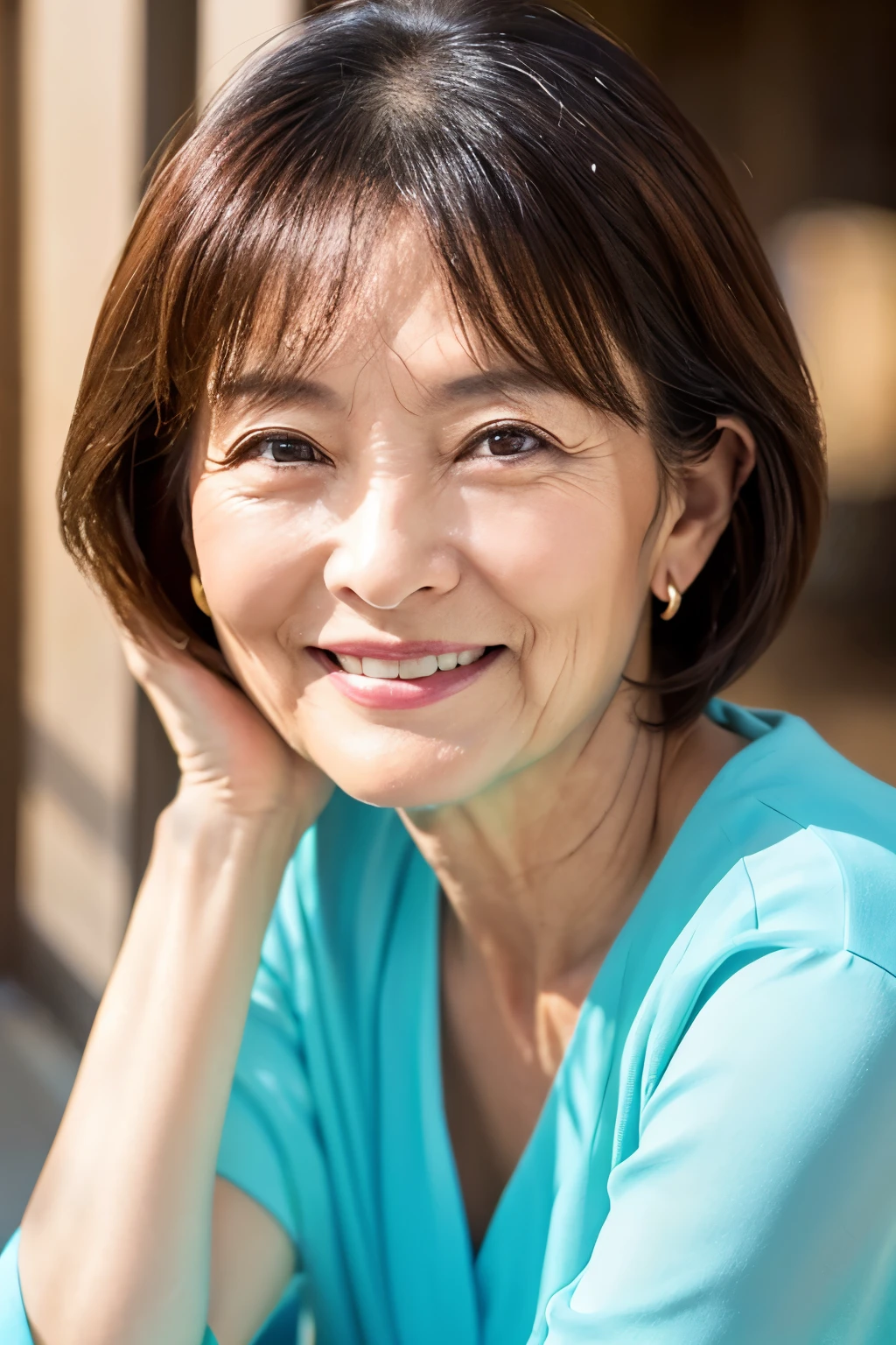 57 years old、smile、beautiful、Elegant adult attire、Shining eyes、stare、