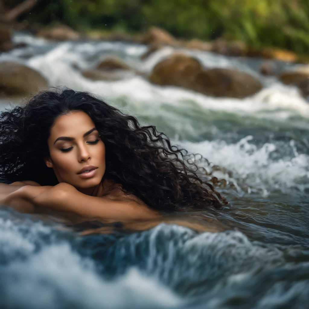 Conto de fadas. Mulher negra, bonita, cabelos compridos, submerging from the waters of a river, olhos expressivos, boca sexy. Movimento, water current, detalhes, realista