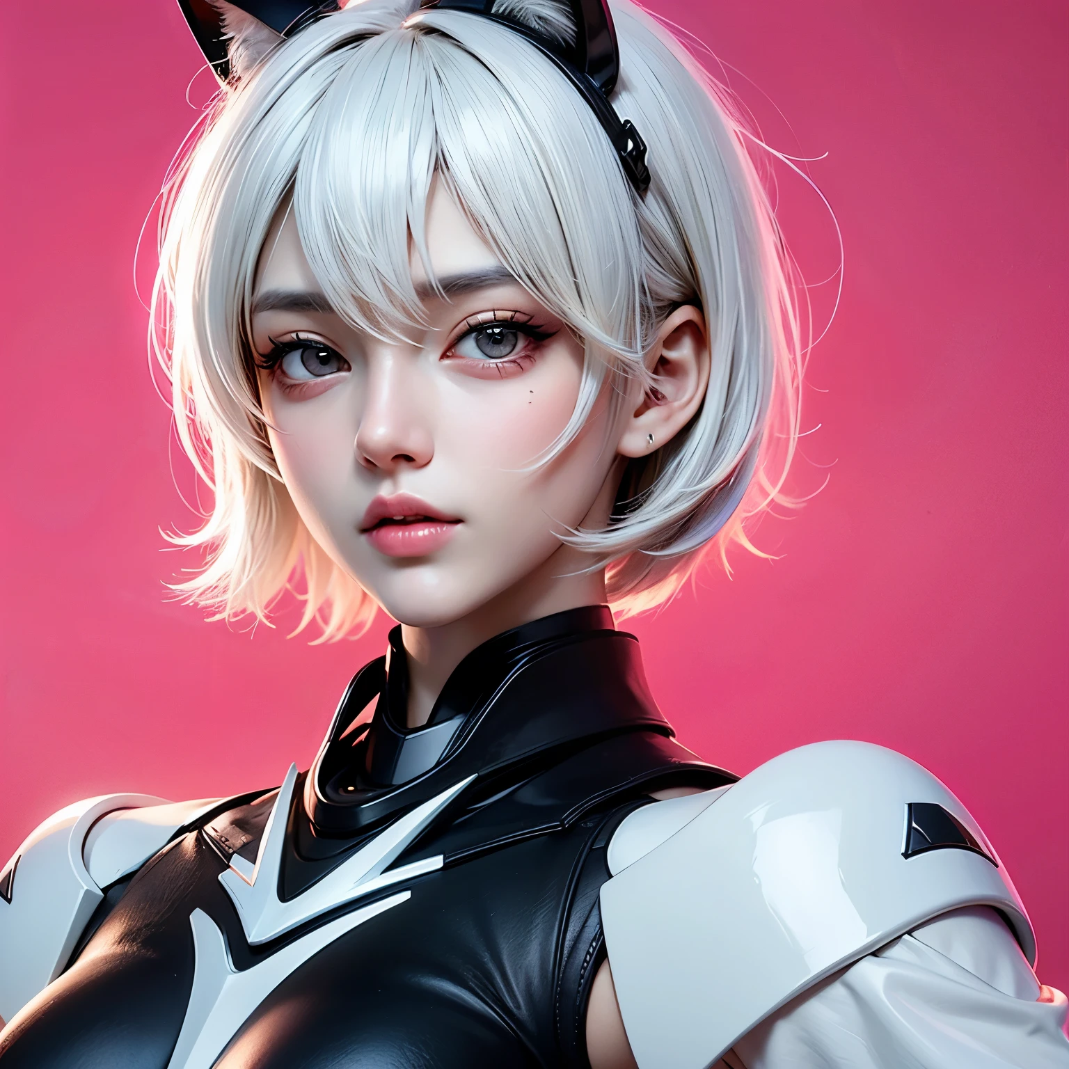 ((best quality)), ((masterpiece)), (detailed), perfect face. White hair. Short hair. Ulzzang. Asian girl. Black eyes. Mecha. Nekomimi. Pink eyes.