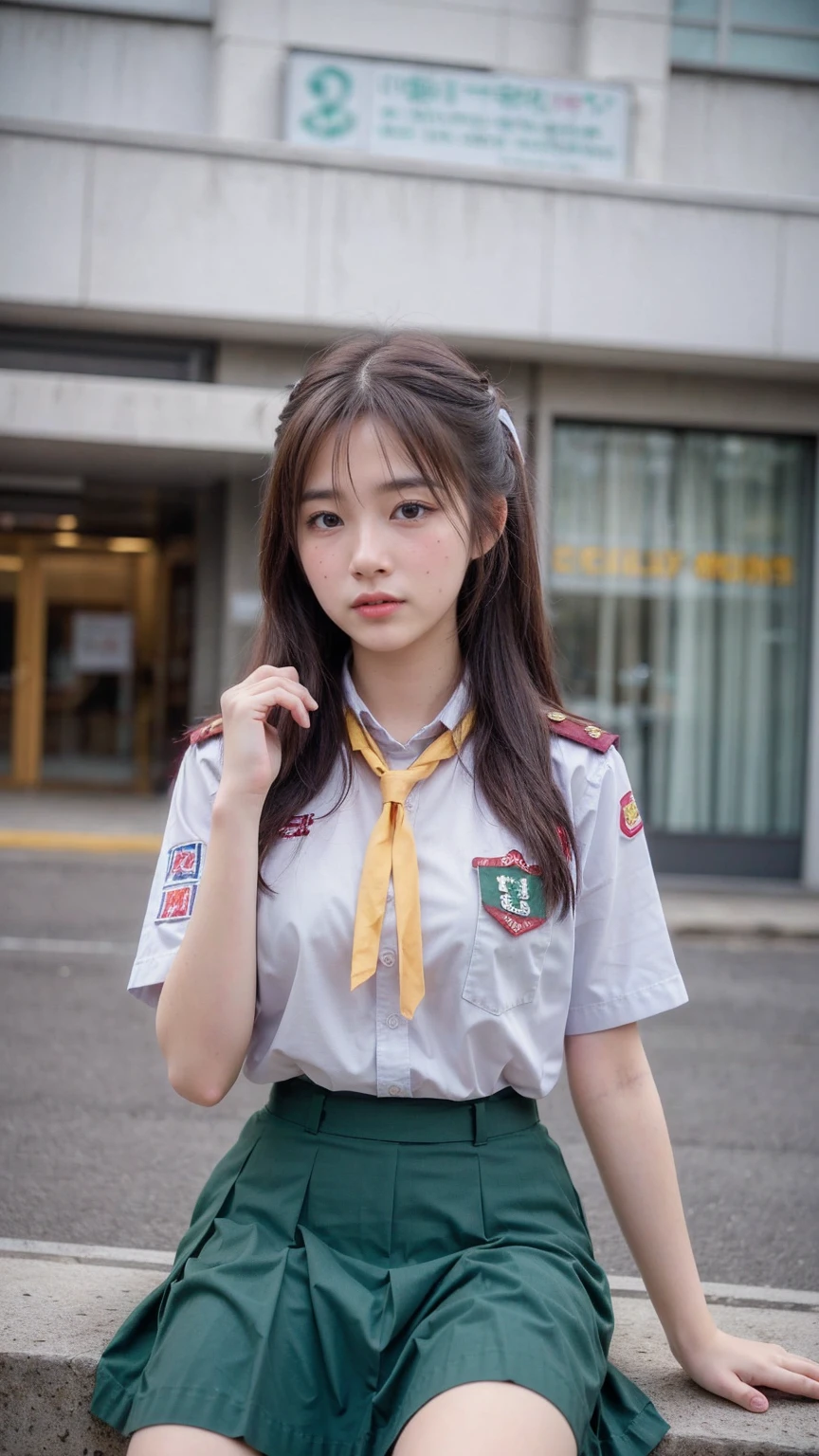 (Best quality, 8k, 32k, Masterpiece, UHD:1.2), (realistic:1.5), (masterpiece, Extremely detailed CG unity 8k wallpaper, best quality, highres:1.2), (ultra detailed, UHD:1.2), hyper sharp focus, Photo of extremely cute and beautiful Korean woman, (Korean idol face:1.3), (mahogany long wavy hair:1.2), adult, (detailed beautiful girl:1.4), best quality, woman, adult,  ((spread leg pose)), focus on face, looking at viewer, facing the viewer, ((perfect female body)), (narrow waist:1.05), (cowboy shot), slender, abs, face ring light, face light, detailed human body, (sfw:1.4), (happy), ((model body)), topless student girl scout uniform, (thai_girlscout_uniform), ((school location)), no skirt or very short skirt