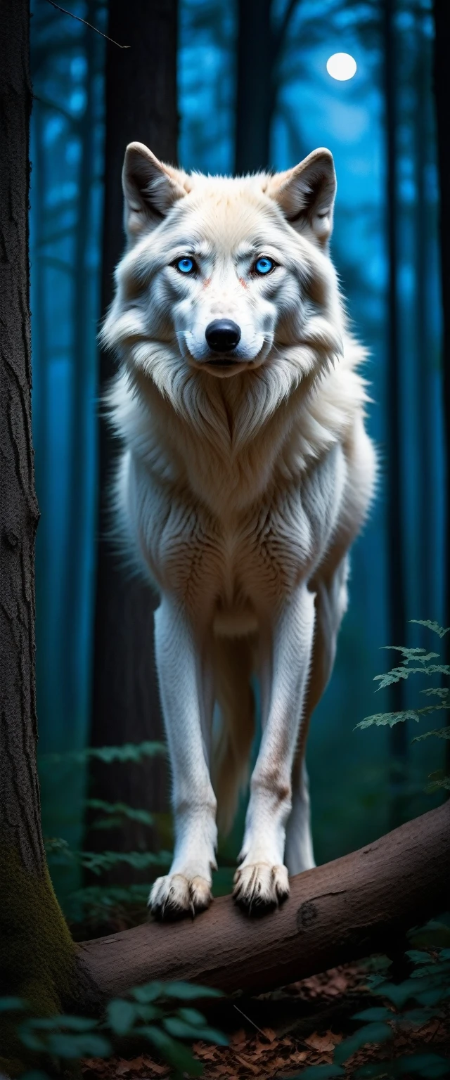 White wolf with blue eyes in the forest,Practical,High resolution,Extremely detailed,wild animals,Night view,moonlight,inauspicious shadows,dense foliage,quiet atmosphere,majestic creature,Keep it balanced,alarm,Pointed ears,Intense gaze,Strong presence,The beauty of the wild,inauspicious,sharp contrast,Terrible predator,Elegant and stealthy movements,Dark and mysterious habitat,Howling in the Distance,黑色的皮毛在moonlight下闪闪发光,Pristine and unspoiled environment,Mysterious atmosphere,Bright colors,The whisper of the wind,Rustling Leaves,Slender and muscular body