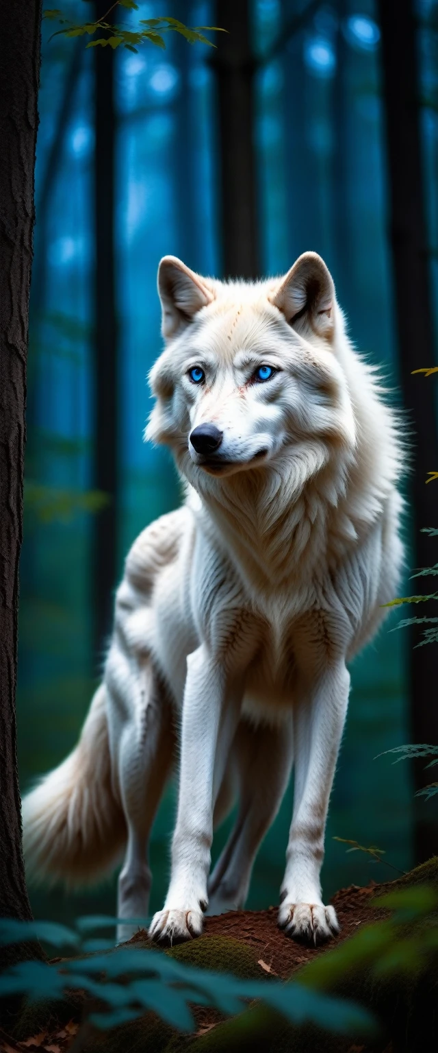 White wolf with blue eyes in the forest,Practical,High resolution,Extremely detailed,wild animals,Night view,moonlight,inauspicious shadows,dense foliage,quiet atmosphere,majestic creature,Keep it balanced,alarm,Pointed ears,Intense gaze,Strong presence,The beauty of the wild,inauspicious,sharp contrast,Terrible predator,Elegant and stealthy movements,Dark and mysterious habitat,Howling in the Distance,黑色的皮毛在moonlight下闪闪发光,Pristine and unspoiled environment,Mysterious atmosphere,Bright colors,The whisper of the wind,Rustling Leaves,Slender and muscular body