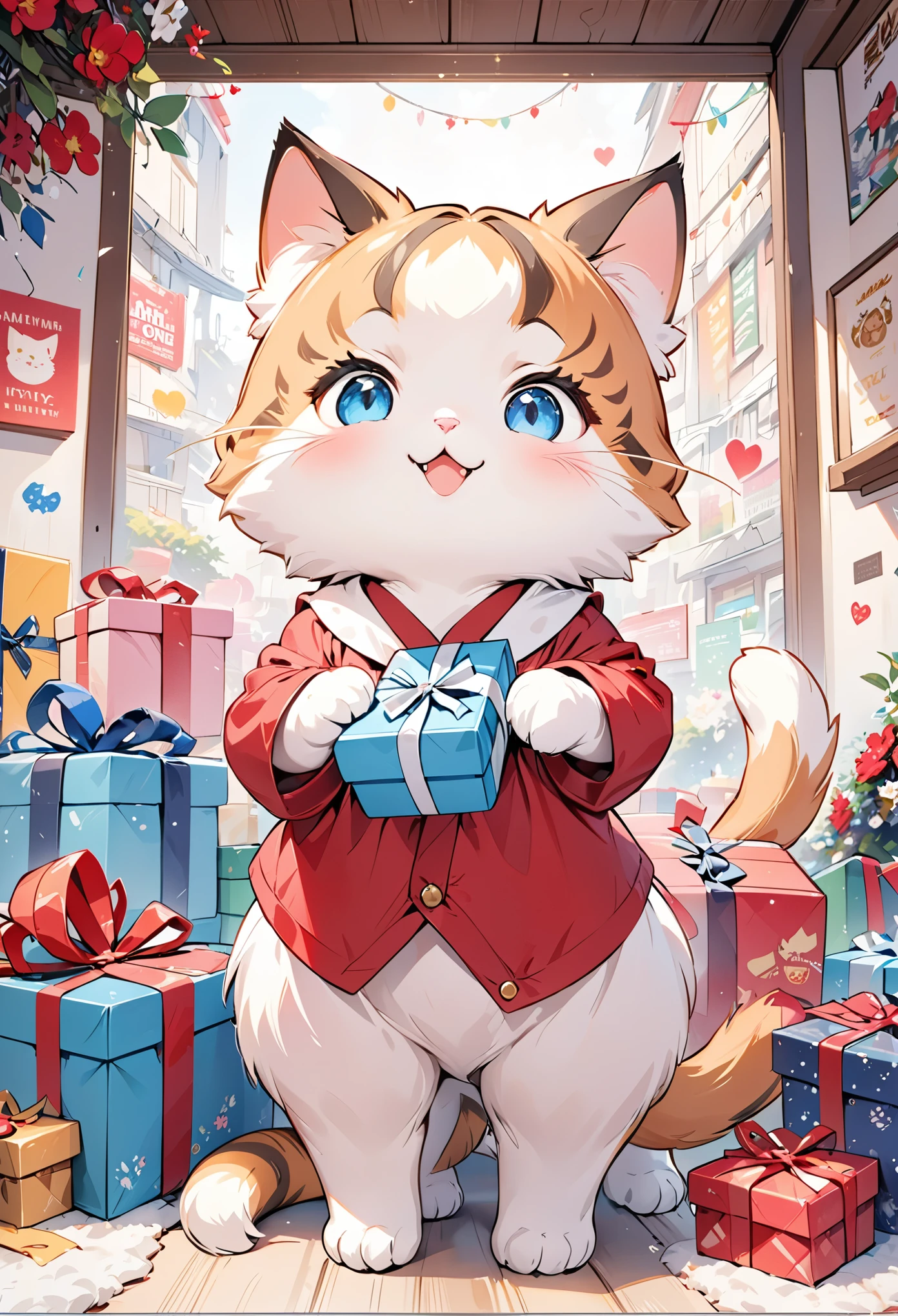 masterpiece,best quality,(1huge cat)super cute,front view,gift box,english text and symbol as background,