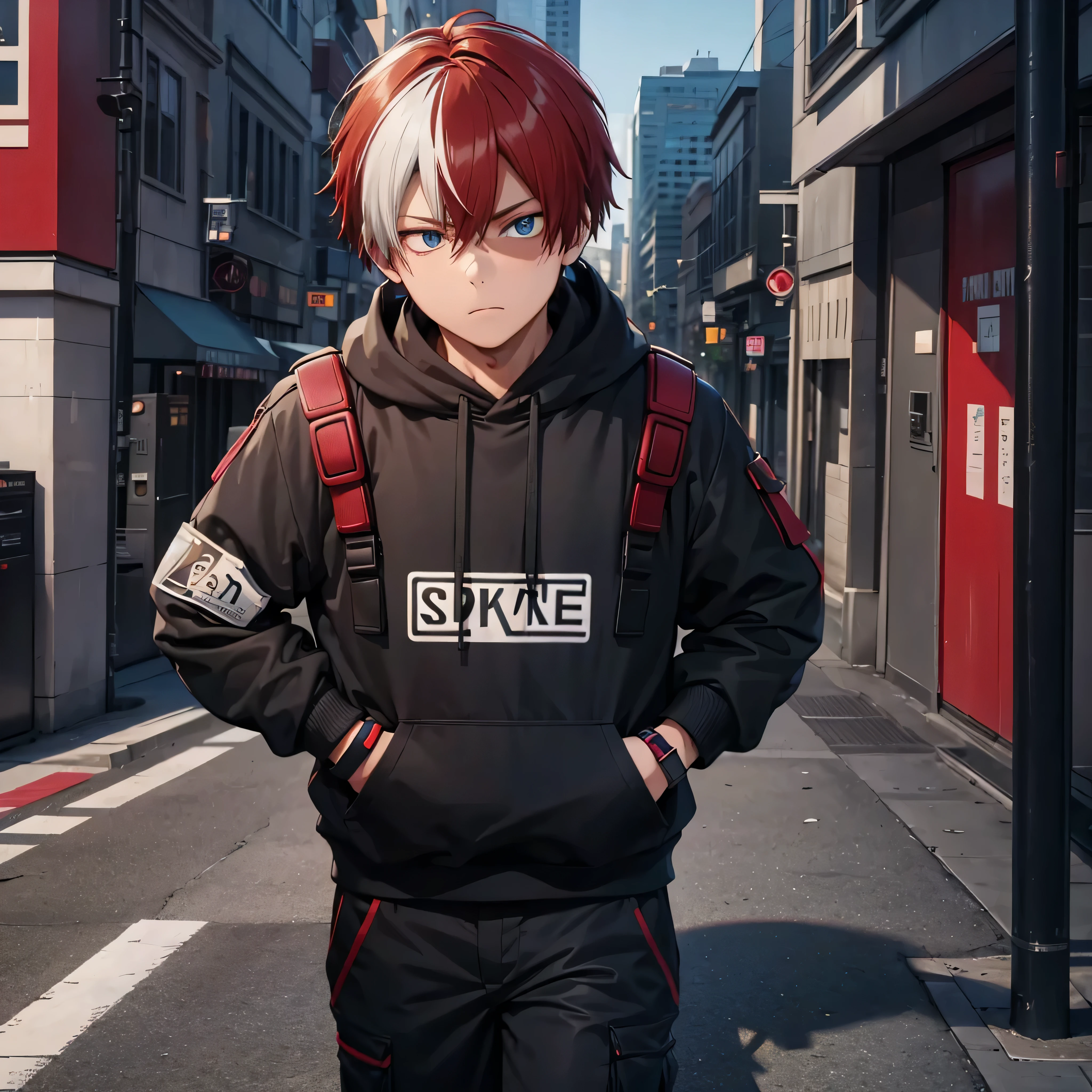 A boy, wearing a black hoodie, black cargo pants, black boots, walking on the sidewalk of a city at night,  multicolored hair, red hair, blue eyes, serious face, Surrealism, cast shadow, anaglyph, stereogram, tachi - and, point of view, atmospheric perspective, high detail, social realism, interior architecture, 8k, superdetail, accurate, best quality, high resolution, textured skin, anatomically correct, precise, 8k, UHD