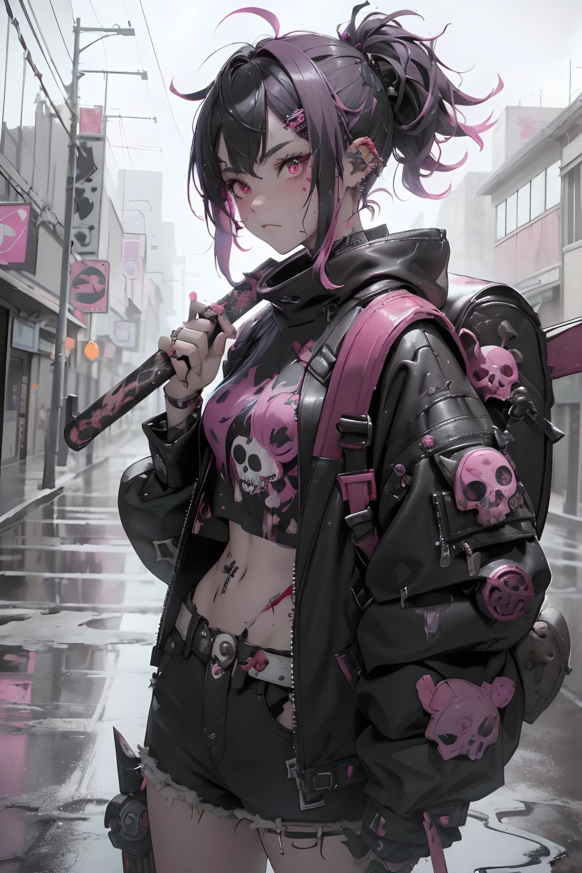 (Highest quality、8ก、32k、Masterpiece、do not have:1.3)、(Real photos:1.4),(shot from the front,look at viewer:1.5)、((18 year old punk girl,Weird punk hair:1.3)),((red black fashion:1.5)),(holding a skull:1.5)Clothes with buttons、((He held a blood-stained metal bat in his right hand..:1.5))、((black backpack on the back))、(Black and bright pink hair:1.5),Weird makeup、、dark background、A deserted city in the rain、puddles on the road、(movie light)、Depth of the written region,blurred background、
