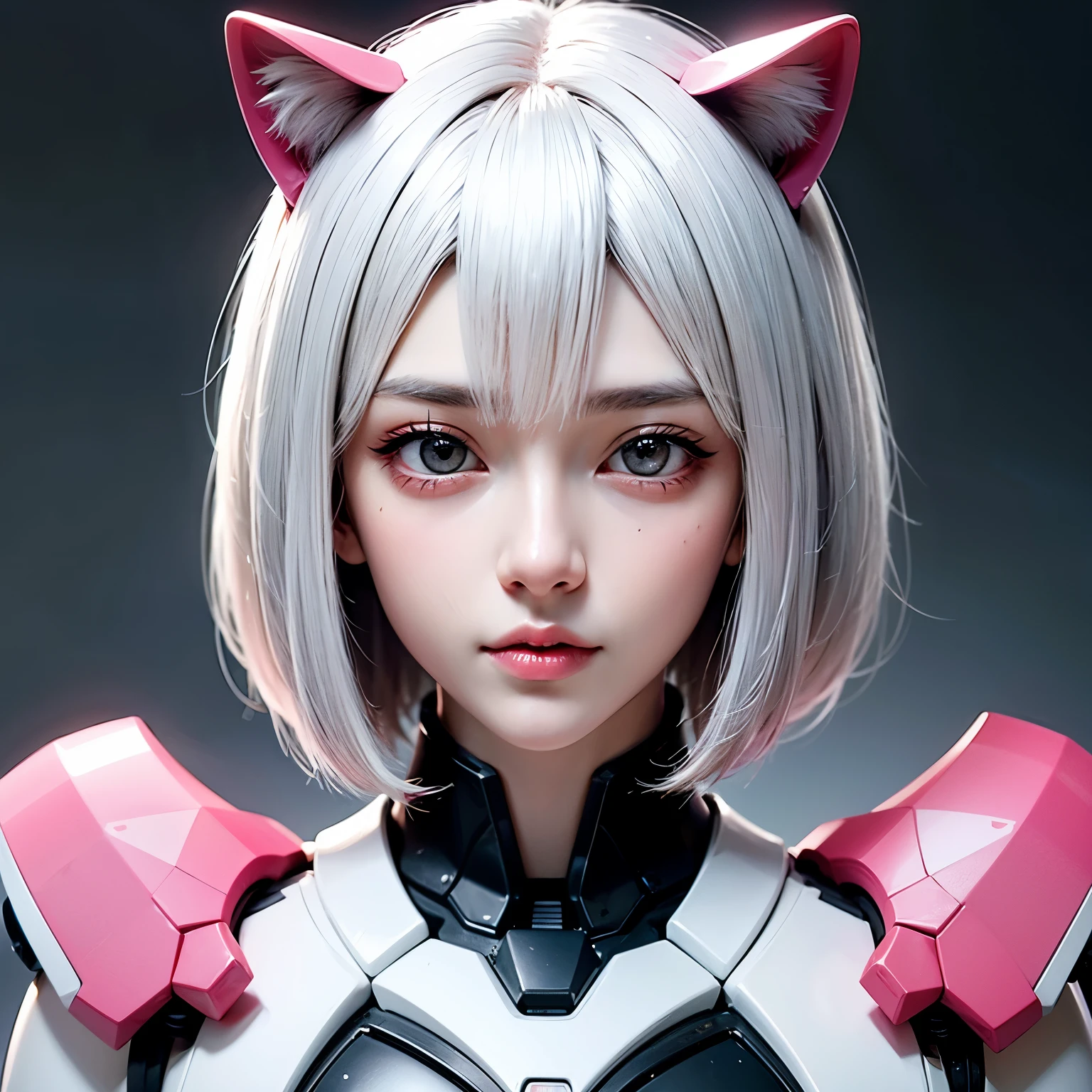 ((best quality)), ((masterpiece)), (detailed), perfect face. White hair. Short hair. Ulzzang. Asian girl. Black eyes. Mecha. Nekomimi. Pink eyes.