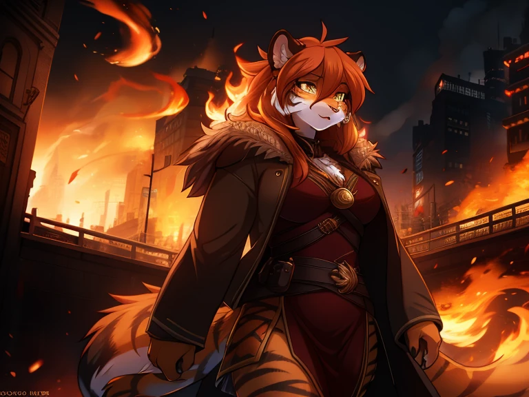 tiger, anthro, female, fur coat, (best quality), (detailed fire urban background:1.2), dramatic lighting, (detailed fluffy fur:1.1), (fantasy:1.2)