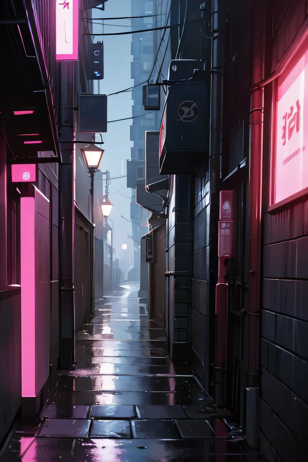 Narrow Road, Alley, city, evening, rain, cyber punk, High resolution, Super sharp, 8k, masterpiece
