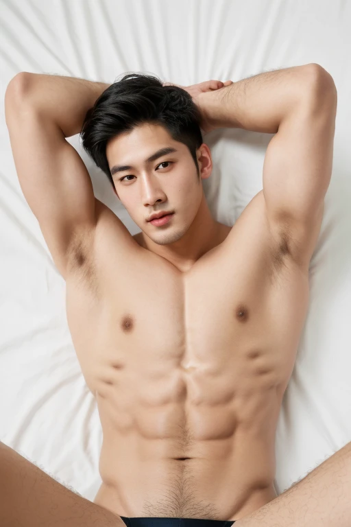 full body shot of an Asian male Model, 24 years old young man with very nice chest, big biceps, perfect face model, with symmetrical facial features, facial hair, attractive facial features, perfect face, flawless face, perfect facial features, clean perfect symmetrical face, richly defined face, clean beautiful symmetrical face, attractive symmetrical face, perfect face and eyes, shirtless, lying on the bed, lifted arms, spread legs, sexy bikini T-back, UHD, 8K resolution