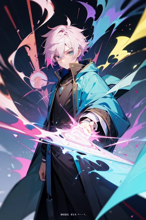 short colorful haired, male, genderfluid, wizard, imposing, loose clothing, 2d game character, Character sprite, Visual novel