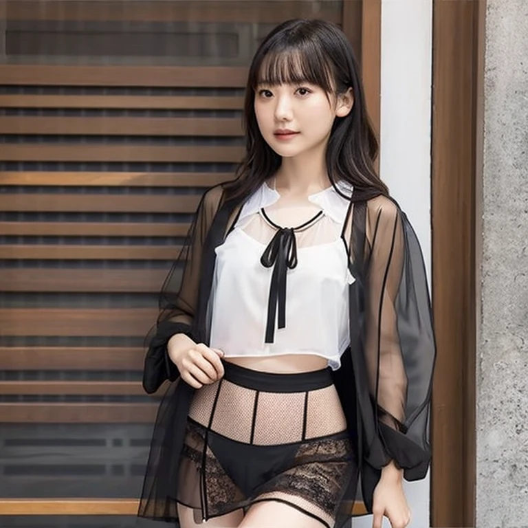 Cute Japanese woman、
Beautiful 20 year old woman、
The woman&#39;s body is facing the photographer、
Panties and bra are visible、
Sheer mesh black business suit、
Sheer black mesh jacket、Sheer white mesh blouse、
Sheer mesh black skirt、
Picking up the hem、