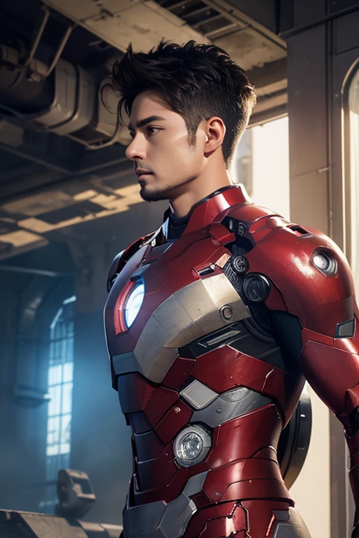 (1boy:1.3), solo,__body-parts__, official art, unity 8k wallpaper, ultra detailed, beautiful and aesthetic, beautiful, masterpiece, best quality, RAW, masterpiece, super fine photo,, best quality, super high Resolution, photorealistic, sunlight, full body portrait, stunningly beautiful,, dynamic pose, delicate face, vibrant eyes, (side view), she is wearing a futuristic Iron Man mech, red and gold, Highly detailed abandoned warehouse background, detailed face, detailed complex busy background, messy, gorgeous, milky, high detailed skin, realistic skin details, visible pores, sharp focus, volumetric fog, 8k uhd, dslr camera, High quality, film grain, fair skin, photorealism, lomography, sprawling metropolis in a futuristic dystopia, view from below, translucent