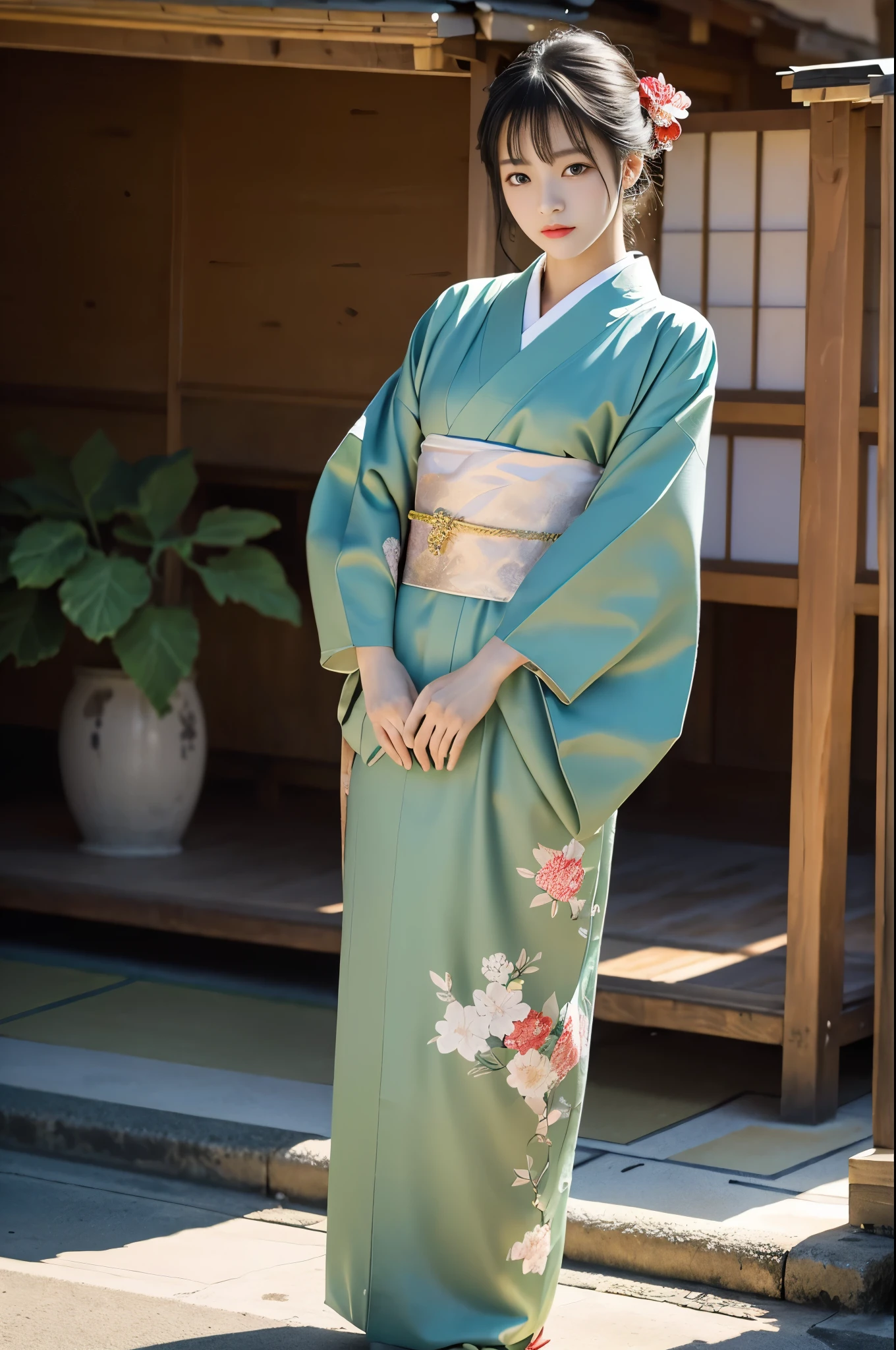 (green kimono:1.2)、(Kyo-Yuzen:1.2)、(Floral)、(Long sleeve)、(Long-sleeved kimono)、One woman、************、Esbian all over、Black-haired、(Realistic:1.7)、((Best image quality))、Absurd、(超A high resolution)、(Photorealistic:1.6)、Photorealistic、Octane Rendering、(超Realistic:1.2)、(Photorealisticな顔:1.2)、(8k)、(4K)、(masterpiece)、(Realistic skin texture)、(Awareness-raising、Cinema Lighting、wallpaper)、(Beautiful Eyes:1.2)、((((Perfect Face))))、(cute)、(standing)、Red lips、outside of home、(Japanese Style Country)、A cute face with attention to detail、Realistic beauty