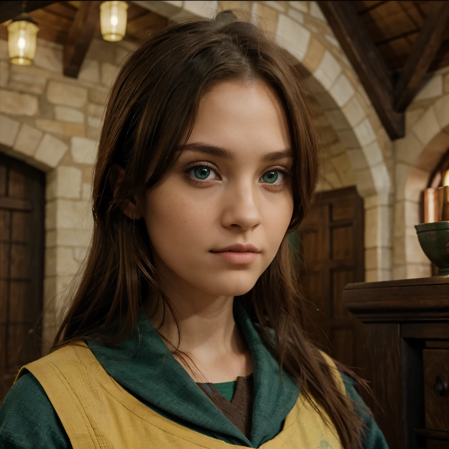 Female, Blue and green eyes, Brown with red highlights, Hogwarts, Hufflepuff House