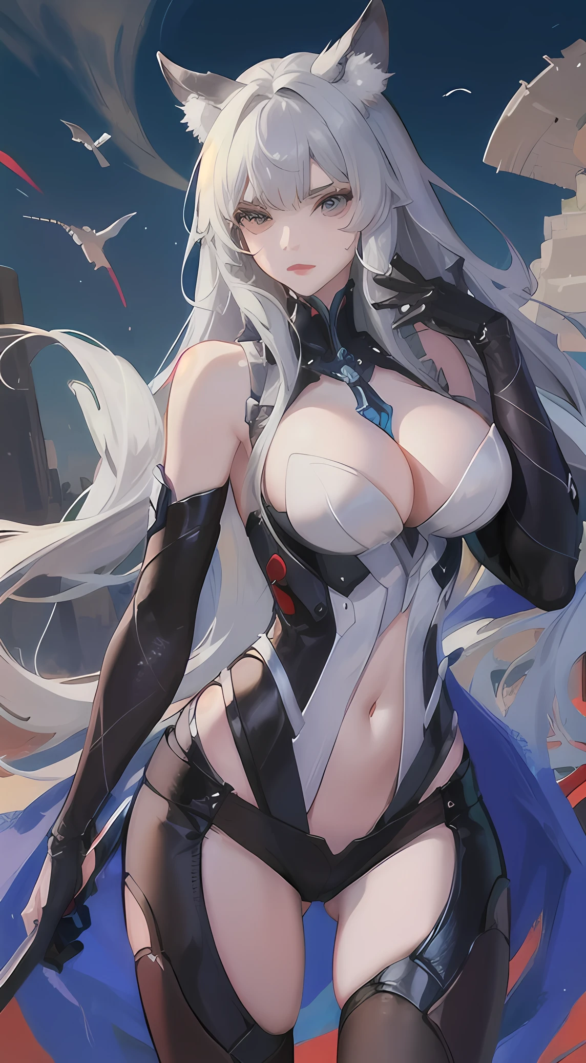 (long_grey_hair), (Thick_shiny_hair), (Feminine_constitution), (beautiful_posture), (Mechanical_United_and_spine), (wilderness_Feminine_beauty), (ferocious的_Express), (Claw-shaped_arms), (ferocious_warrior), (commanding_Presence), (powerful_figure), (wilderness_I), (Mechanization_Attachments), (powerful_strike), (ferocious的_Combatant), (untamed_appearance), (Wild_warrior), (Mechanical_Enhanced functionality), (predatory_attitude), (Feminine_Beastly_feature)