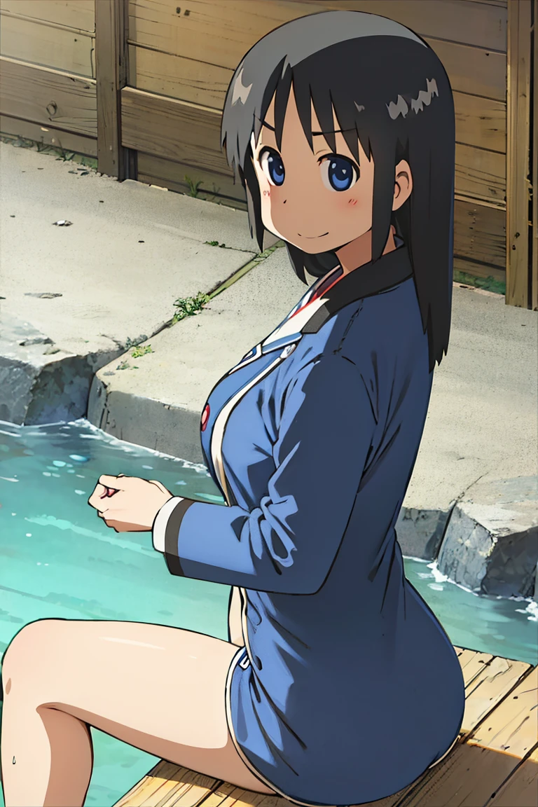 Kyoto animation, female, long hair, black hair, dark blue eye, cute face, thick eyebrows, big breast, sexy butt, slim body, atletic, sexy thigs, naked, hot spring, take a bath, sweet smile, 18 years old