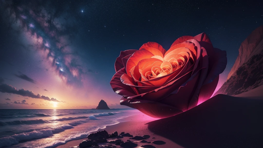 Rose heart formed by very high quality nebula, Background beach, beautiful 4k uhd art, highly detailed 4k digital art, High resolution. 超High resolution, Hyper Details, Vibrant colors,