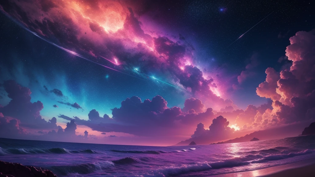 Rose heart formed by very high quality nebula, Background beach, beautiful 4k uhd art, highly detailed 4k digital art, High resolution. 超High resolution, Hyper Details, Vibrant colors,