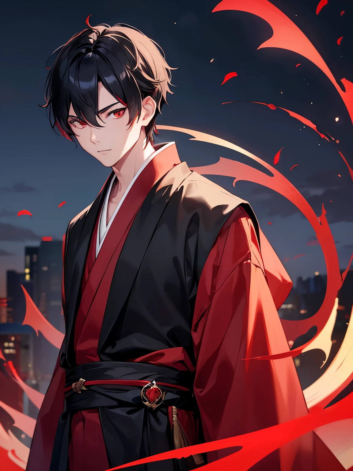 1boy,handsome,Short black hair, red eyes, side parted hairstyle, vampire, handsome, Red kimono, standing, night, close up photo,ultra detail, ulta HD