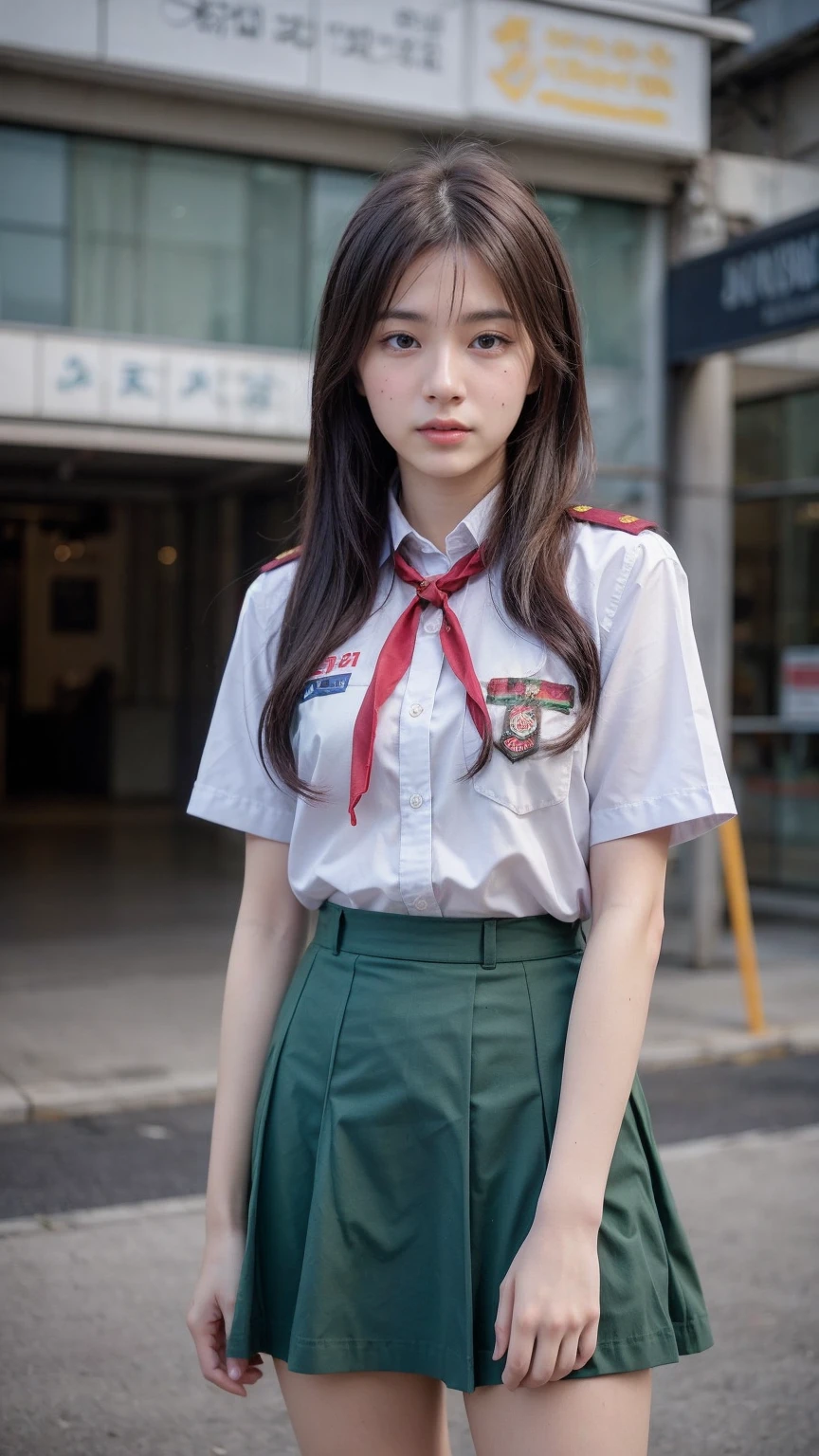 (Best quality, 8k, 32k, Masterpiece, UHD:1.2), (realistic:1.5), (masterpiece, Extremely detailed CG unity 8k wallpaper, best quality, highres:1.2), (ultra detailed, UHD:1.2), hyper sharp focus, Photo of extremely cute and beautiful Korean woman, (Korean idol face:1.3), (mahogany long wavy hair:1.2), adult, (detailed beautiful girl:1.4), best quality, woman, adult,  ((standing pose)), focus on face, looking at viewer, facing the viewer, ((perfect female body)), (narrow waist:1.05), (cowboy shot), slender, abs, face ring light, face light, detailed human body, (sfw:1.4), (happy), ((model body)), topless student girl scout uniform, (thai_girlscout_uniform), ((school location)), no skirt or very short skirt