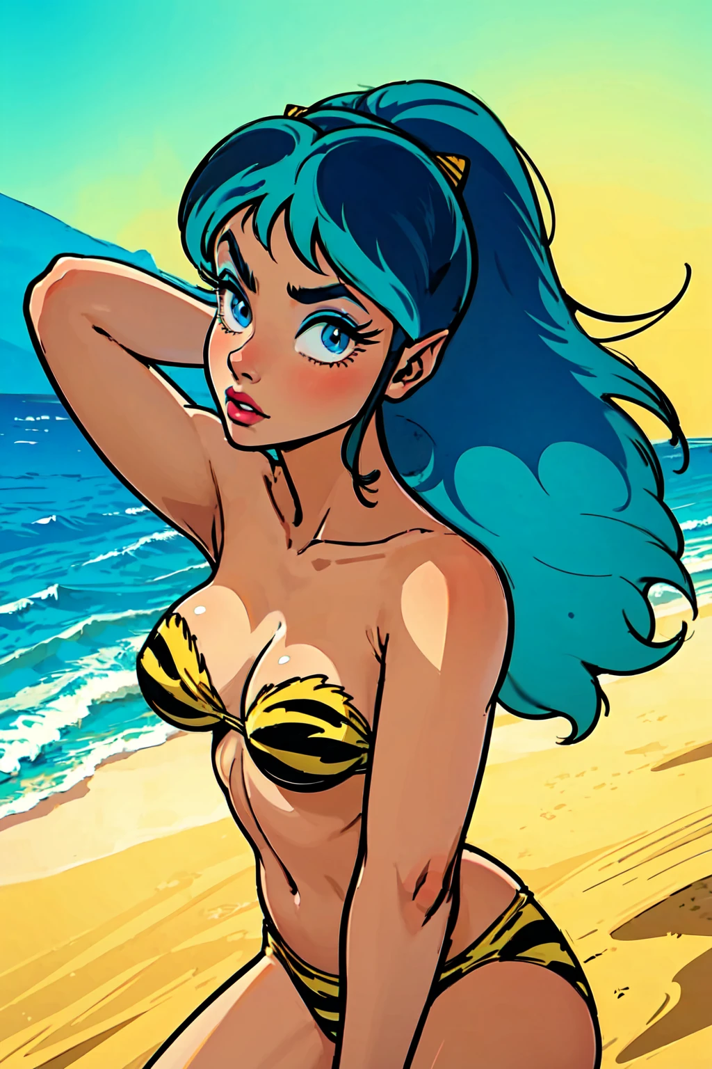 lum, blue eyes, green hair, horns, strapless, makeup, animal print, eyeshadow, A girl in a micro bikini, glossy beach background, vibrant colors, best quality, ultra-detailed, realistic, golden hour lighting, playful poses, sun-kissed skin, sandy beach, tropical vibe, crystal-clear water.