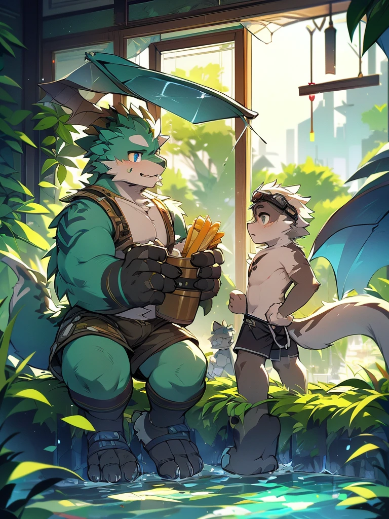 Dark Green Chinese Dragon Grandpa,Gray fur,Topless, mammal, hairy,Gray Eyes,upscale hotel,Transparent swimming trunks quality,goggles,moon tattoo,elder,beard