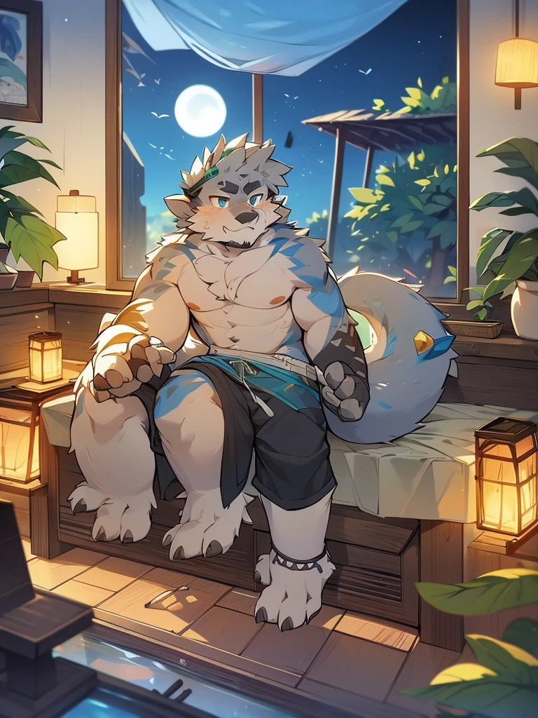 Dark Green Chinese Dragon Grandpa，Gray fur，Topless, mammal, hairy，Gray Eyes，upscale hotel，Transparent swimming trunks quality，goggles，moon tattoo，elder，beard