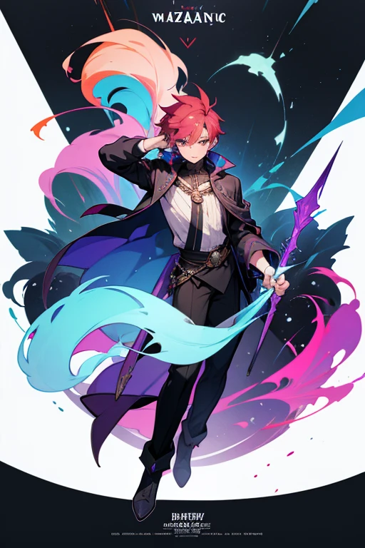 short colorful haired, male, genderfluid, wizard, imposing, loose clothing, 2d game character, Character sprite, Visual novel
