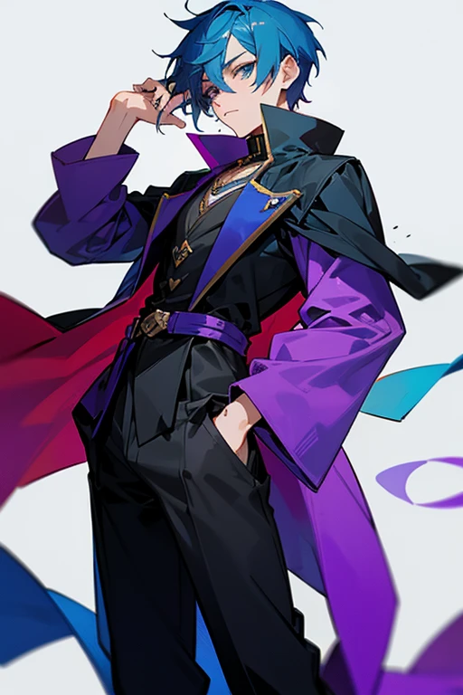 short colorful haired, male, genderfluid, wizard, imposing, loose clothing, 2d game character, Character sprite, Visual novel