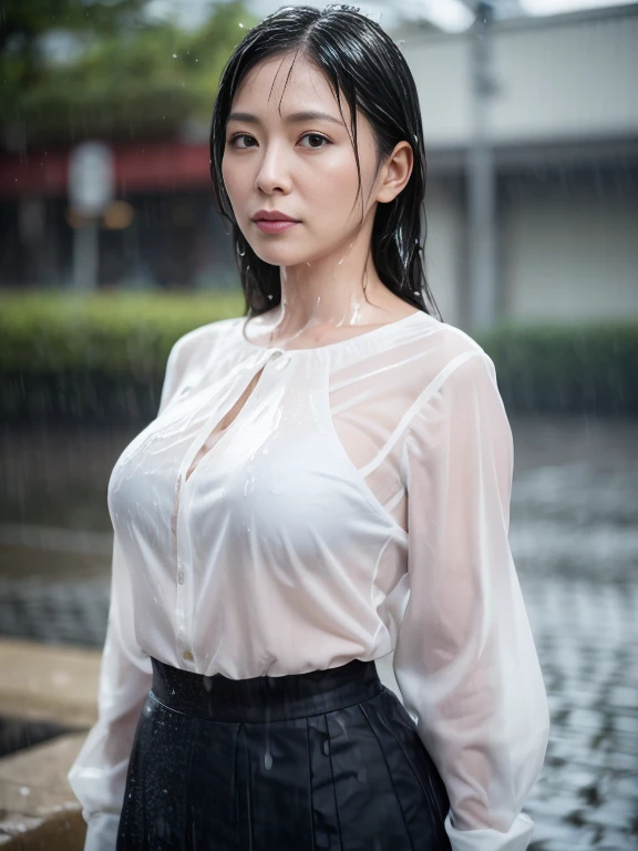 Beautiful Japan woman in her 40s, (My whole body is soaked:1.3),  [blue bra:(transparent white blouse):0.1], Realistic, Realistic, Realistic body shape, Very detailed, highest quality, 8k, Sharp focus, High resolution, Ideal ratio, Kind eyes, High nose, Hot lips, light makeup, detailed face, skirt, (rain in background:1.2), Sad expression, half body shot