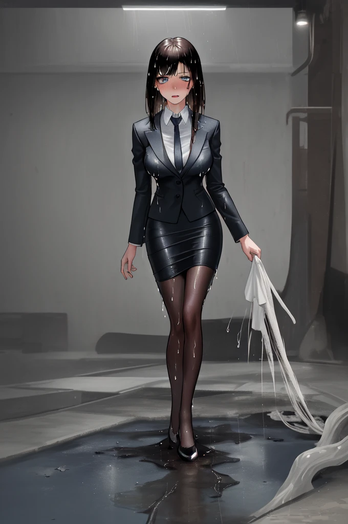 1 Girl, brown hair,short hair,blue eyes,whole body,laboratory,sit,, (masterpiece, best quality, high quality, High resolution, Extremely detailed)A woman with long black hair (Very long bangs:1.5), Wearing a suit and pencil skirt，With pantyhose, permanent. The work is inspired by comics，And incorporates the style of the same person. This woman seems (Wet myself:1.5), This made her feel embarrassed and humiliated, Blushed. also, There was anger in her expression. The lighting in the scene is very dim, Spotlight highlights women&#39;s figures. She crossed her arms, (Arms Crossed:1.5), Showing off her pencil skirt., Large Breasts