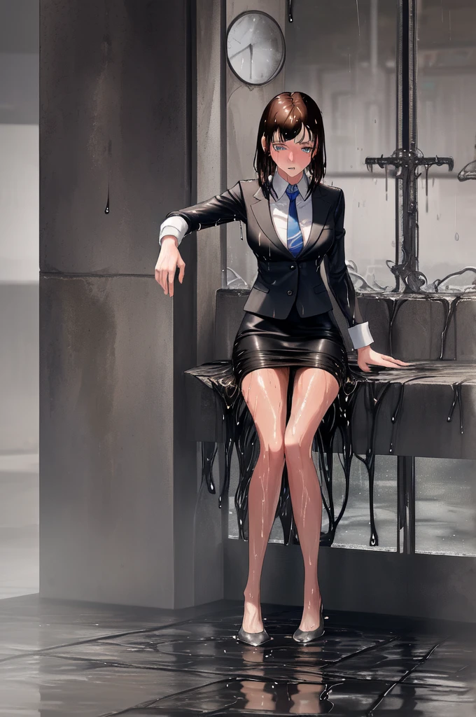 1 Girl, brown hair,short hair,blue eyes,whole body,laboratory,sit,, (masterpiece, best quality, high quality, High resolution, Extremely detailed)A woman with long black hair (Very long bangs:1.5), Wearing a suit and pencil skirt，With pantyhose, permanent. The work is inspired by comics，And incorporates the style of the same person. This woman seems (Wet myself:1.5), This made her feel embarrassed and humiliated, Blushed. also, There was anger in her expression. The lighting in the scene is very dim, Spotlight highlights women&#39;s figures. She crossed her arms, (Arms Crossed:1.5), Showing off her pencil skirt., Large Breasts