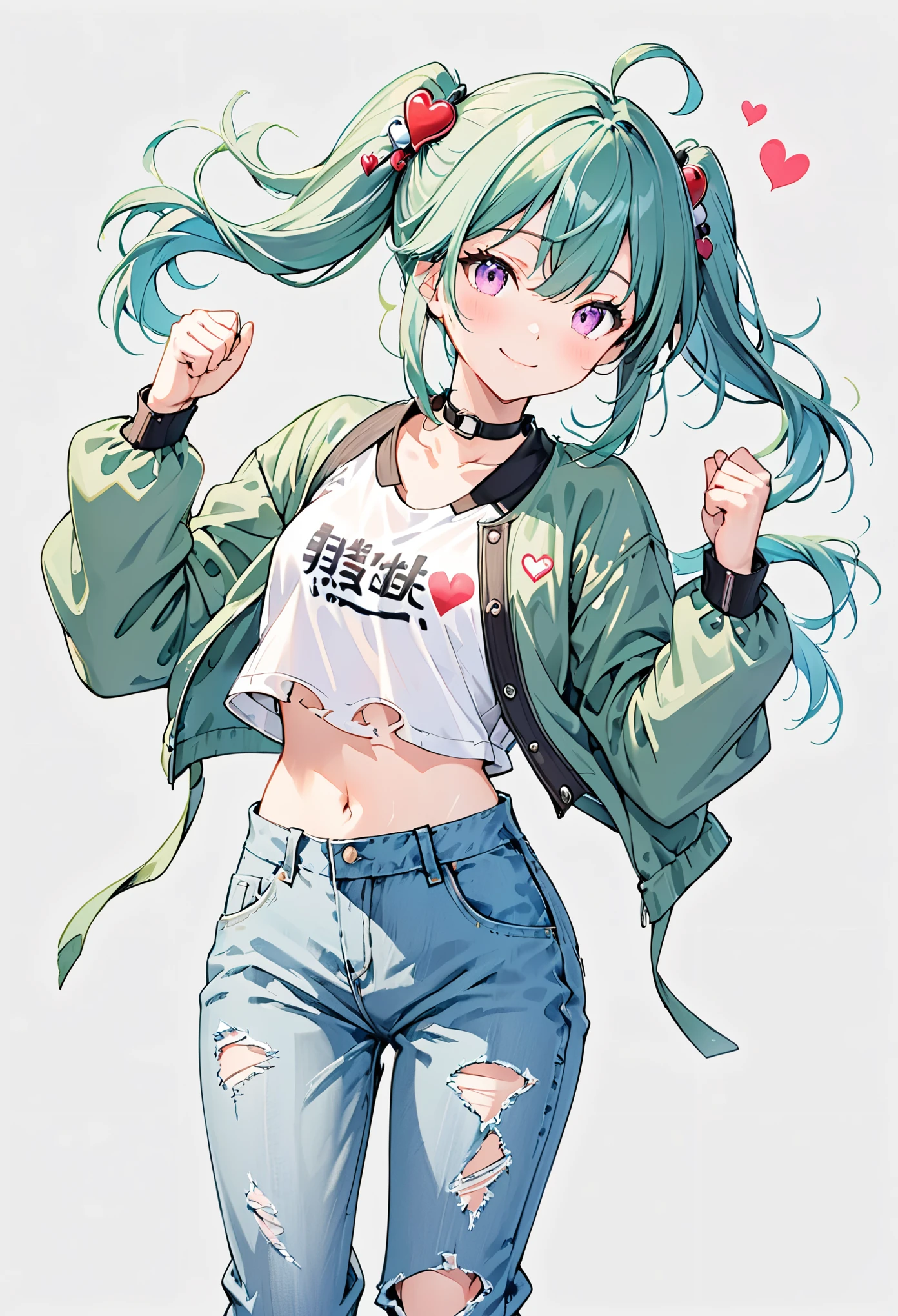 1girl,solo,pants,jacket,denim,navel,ahoge,smile,jeans,midriff,torn pants,twintails,crop top,purple eyes,looking at viewer,torn jeans,green jacket,aqua hair,shirt,open jacket,torn clothes,virtual youtuber,long sleeves,open clothes,white background,white shirt,simple background,clothes writing,closed mouth,cropped jacket,aqua jacket,cowboy shot,cropped shirt,blush,choker,hair ornament,heart,collar,hair between eyes,green hair,hands up,medium hair,print shirt,black choker,long hair,sidelocks,blue pants,stomach,grey background,standing,clenched hands,small breasts,pink eyes,breasts,