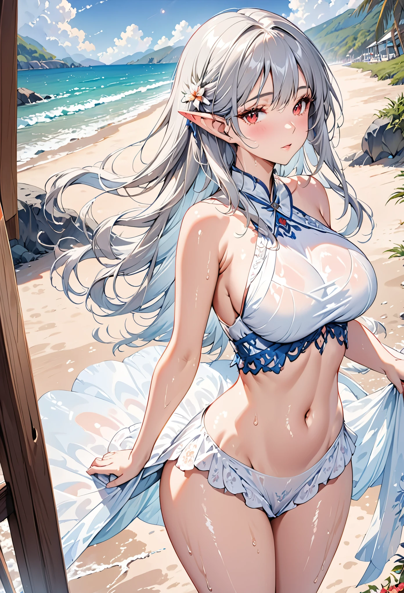 (best quality),((masterpiece)),(highres),dress,original,dress,extremely detailed wallpapaer,(an extremely delicate and beautiful),1girl,oil painting,beautiful mature female,silver hair,long hair,elf,red eyes,beautiful long eyelash,looking at viewer,sexually suggestive,(high detail face),(high detail eyes),huge breasts,navel,groin,narrow waist,bare legs,shiny skin,wet,detailed skin,beach,light rays,shiny hair,steaming body,