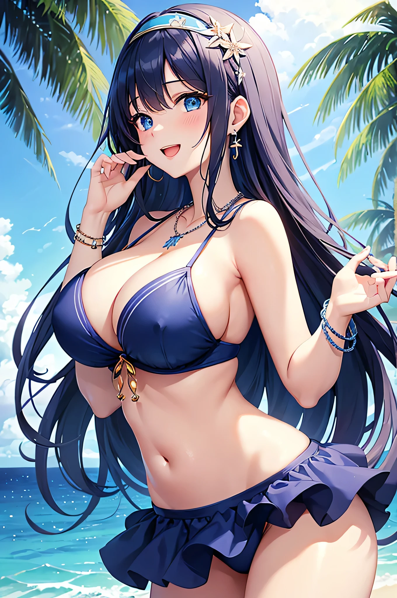 highest quality、Best image quality、masterpiece、beautiful girl、Navy blue long hair、blue eyes、Navy Blue Bikini、Big cleavage、(Big Breasts)、smile、blue necklace、Blue Earrings、background(Beach)、Sexy pose、Please open your mouth wide、White headband、angle(From the side)、bracelet